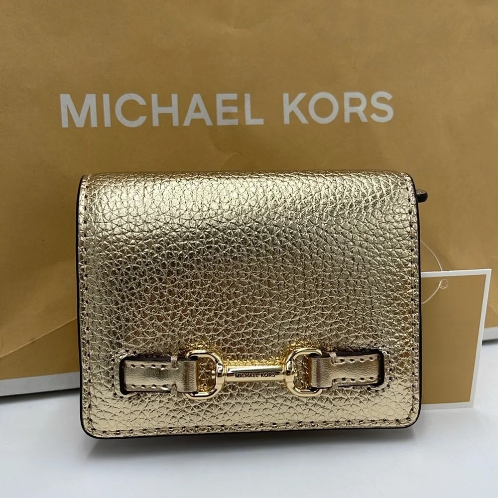 MICHAEL KORS Carson Small Metallic Pebbled Leather Wallet Pale Gold  NWT